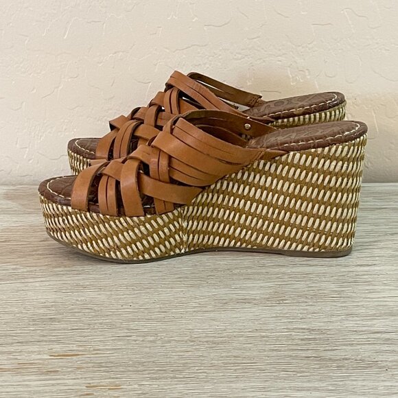 Sam Edelman Sandals Devon 6.5 Tan Leather Woven Platform Wedge Slides - Picture 8 of 12